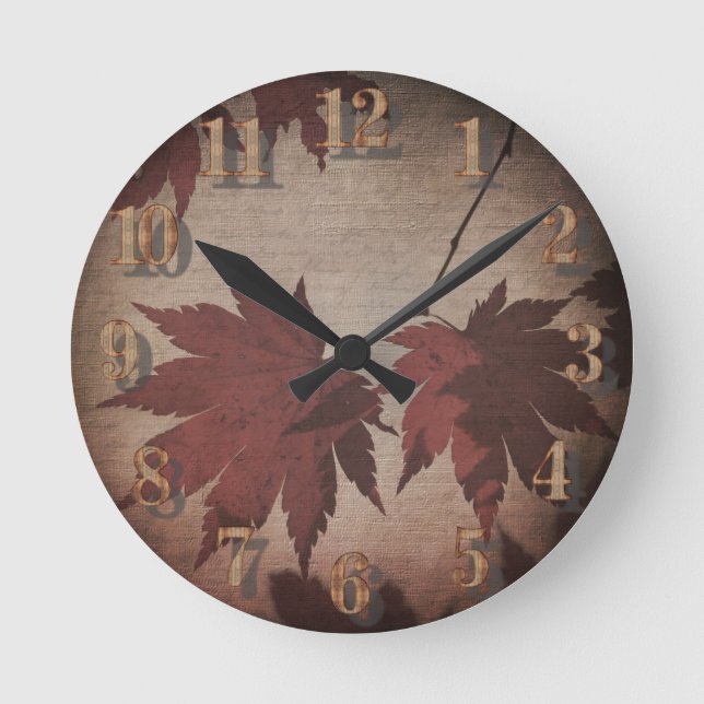 Japanese maple tree leaves and script fall round clock (Front)