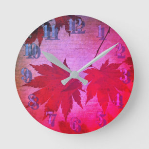 Japanese maple tree leaves and script fall round clock