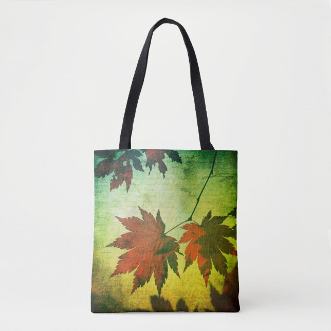 Japanese maple tree leaves and script fall tote bag (Front)