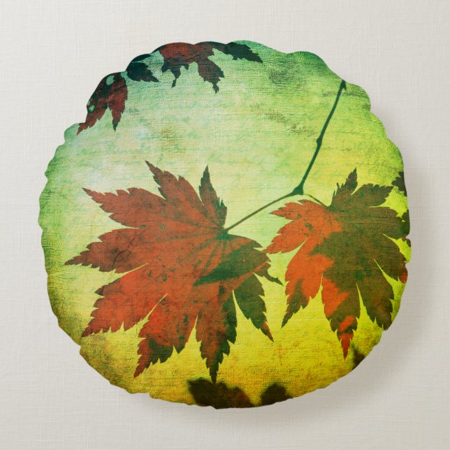 Japanese maple tree leaves script fall red green round cushion (Front)