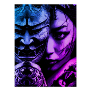 Japanese Masked Woman Dark Tattoo Realism Portrait Poster