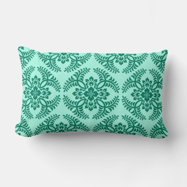 Japanese Medallion Pattern, Aqua and Turquoise Lumbar Cushion (Front)