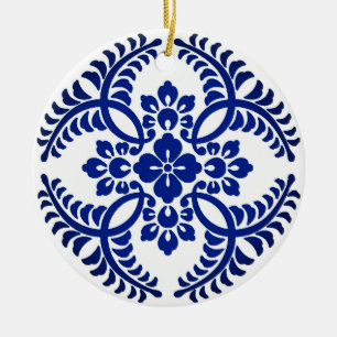 Japanese Medallion Pattern, Cobalt Blue and White  Ceramic Tree Decoration