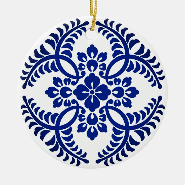 Japanese Medallion Pattern, Cobalt Blue and White  Ceramic Tree Decoration (Front)