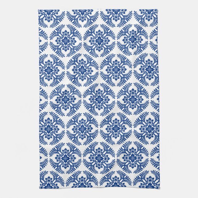 Japanese Medallion Pattern, Cobalt Blue and White  Tea Towel (Vertical)