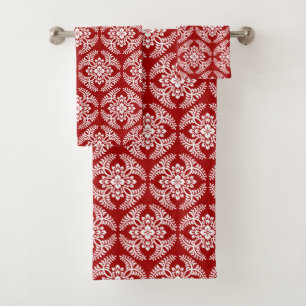 Japanese Medallion Pattern, Deep Red and White Bath Towel Set