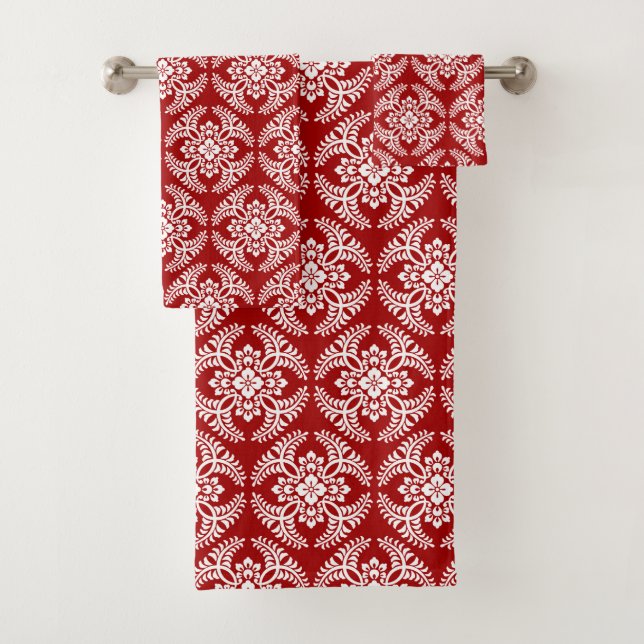 Japanese Medallion Pattern, Deep Red and White  Bath Towel Set (Insitu)