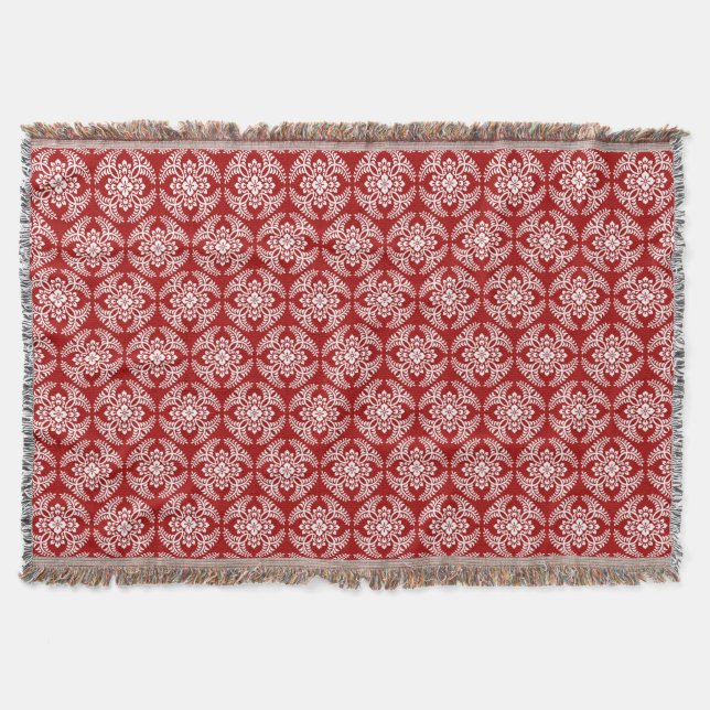 Japanese Medallion Pattern, Deep Red and White Throw Blanket (Front)