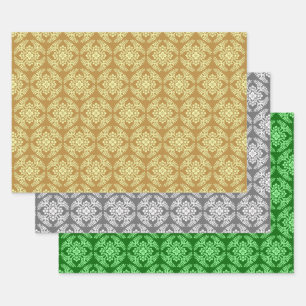Japanese Medallion Pattern, Gold, Grey, Green Wrapping Paper Sheet