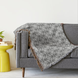 Japanese Medallion Pattern, Gray / Grey & White Throw Blanket