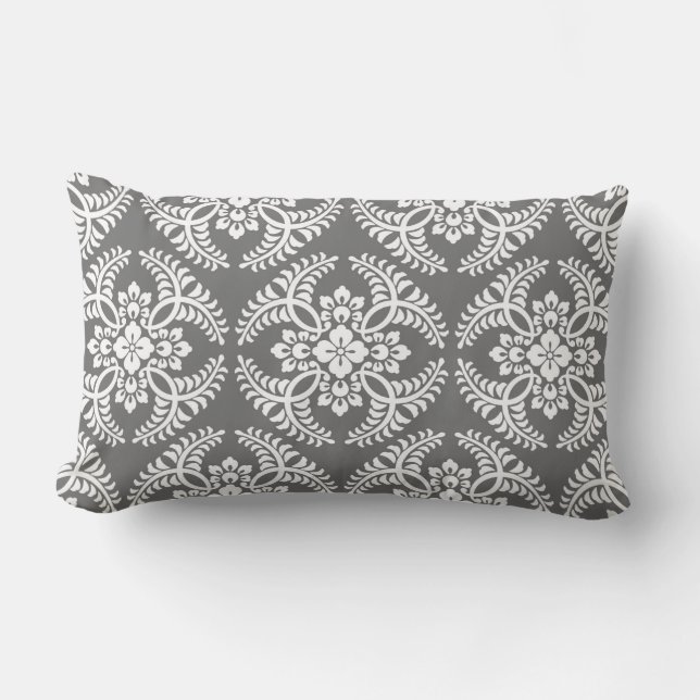 Japanese Medallion Pattern, Grey / Grey & White Lumbar Cushion (Front)