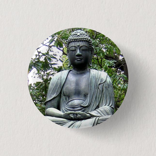 Japanese Meditation Statue Photograph Pin Button (Front)