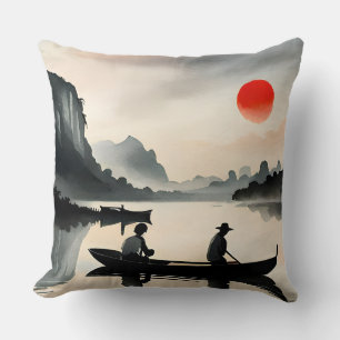 Japanese Men Sailing Boat Evening River Landscape Cushion