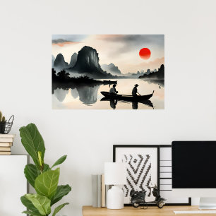 Japanese Men Sailing Boat Evening River Landscape  Poster