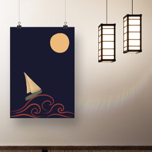 Japanese Mid Century Moon Wave Modern Minimalist Poster