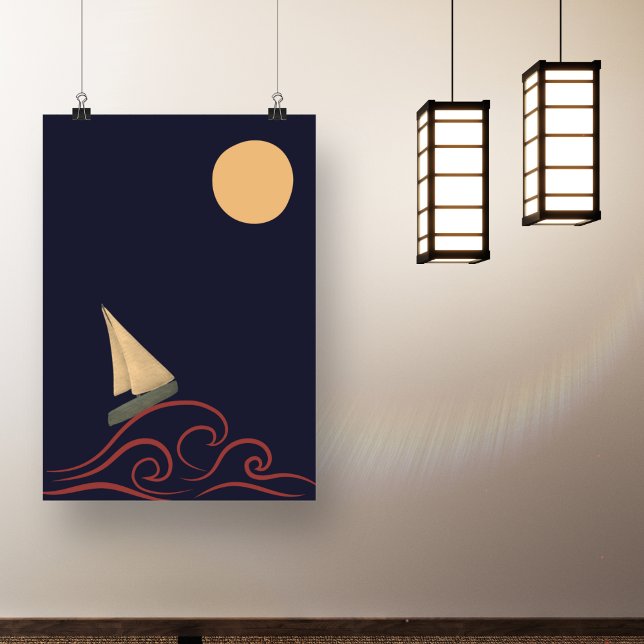 Japanese Mid Century Moon Wave Modern Minimalist Poster (Japanese Simple Modern Art)