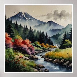 Japanese Mountains Watercolor Wall Art