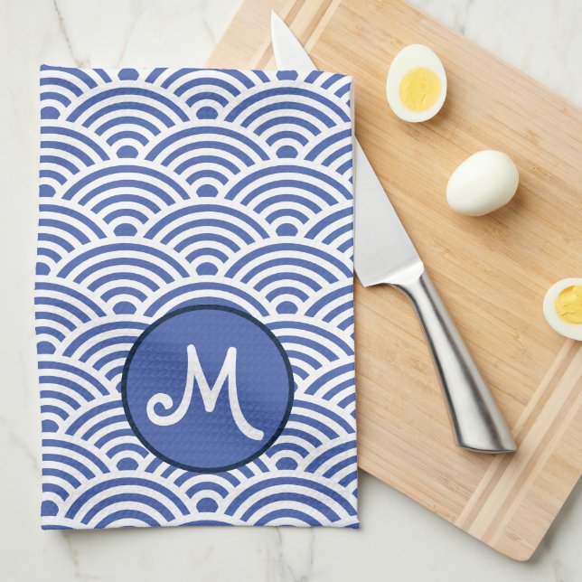 Japanese Nami Wave Pattern and Monogram Tea Towel (Quarter Fold)