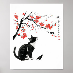 Japanese Nature Art_ Cat And Bird With Cherry Blos Poster
