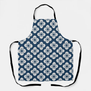 Japanese Navy Blue Ivory Floral Geometric Pattern Apron