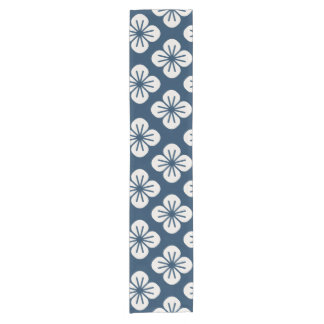 Japanese Navy Blue Ivory Floral Geometric Pattern Short Table Runner