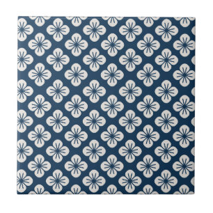 Japanese Navy Blue Ivory Floral Geometric Pattern Tile