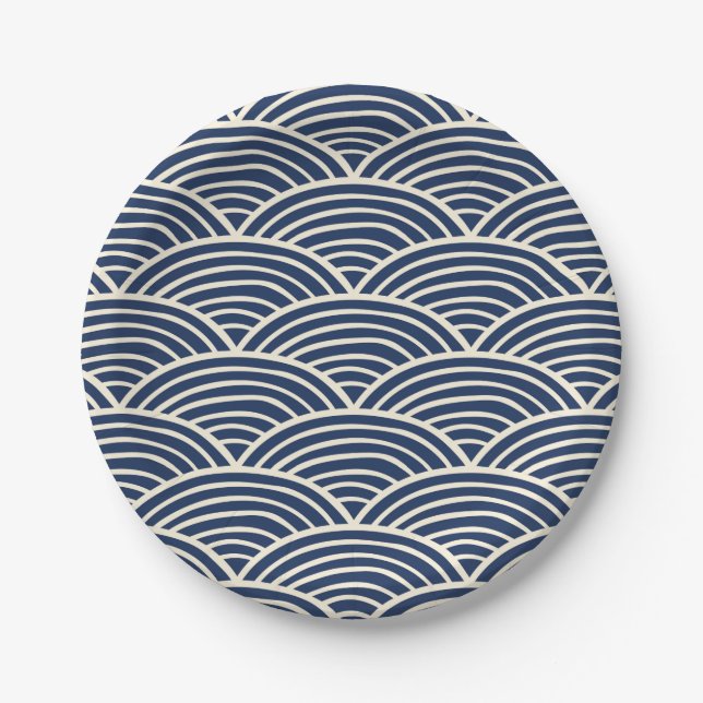 Japanese Navy Blue Ocean Waves Paper Plate (Front)