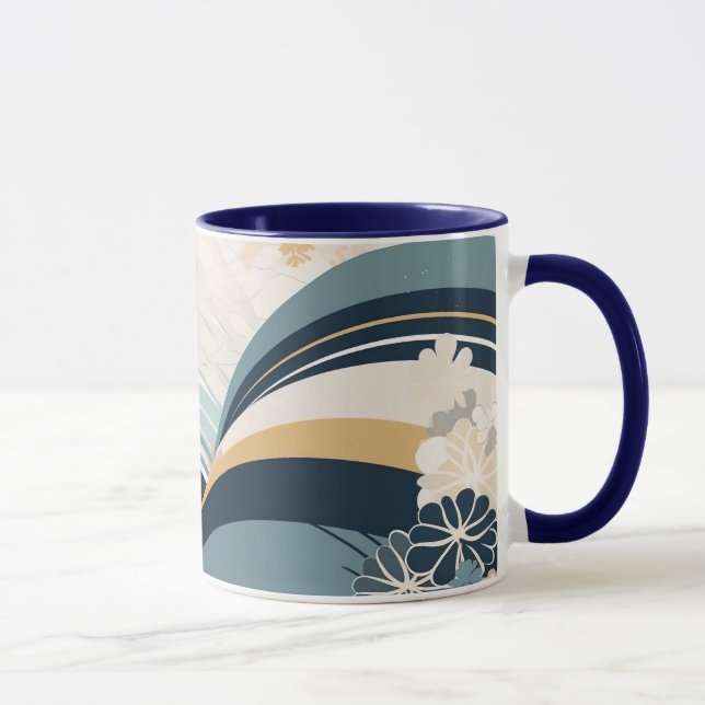 Japanese Navy Floral & Waves Mug (Right)