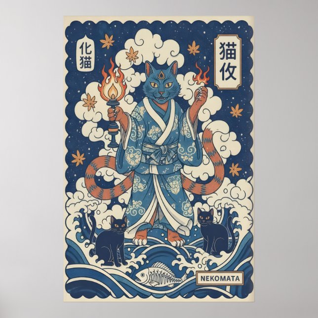 Japanese Nekomata Cat Wall Art - Mythical (Front)