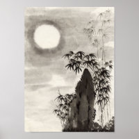 Japanese night moon scenery sumi-e