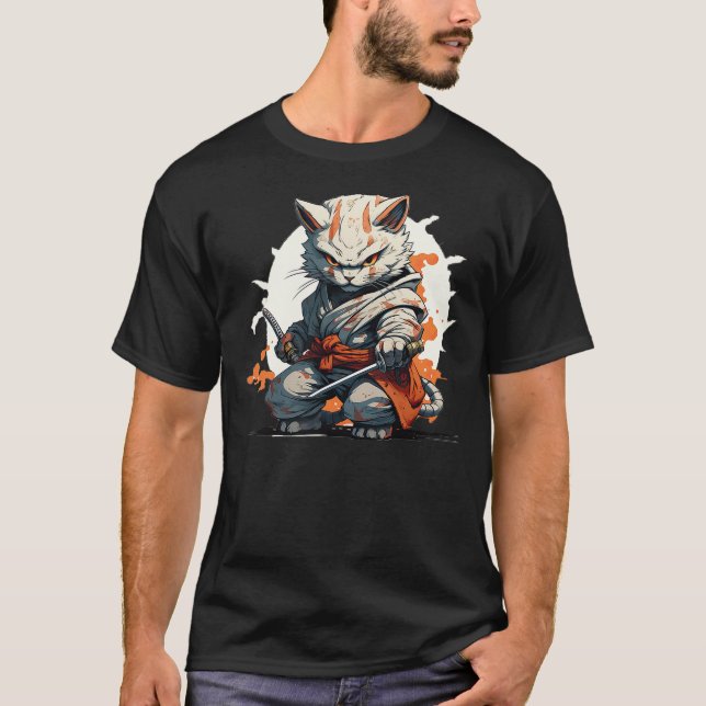 Japanese Ninja Cat Warrior Battle Pose Kawaii T-Shirt (Front)
