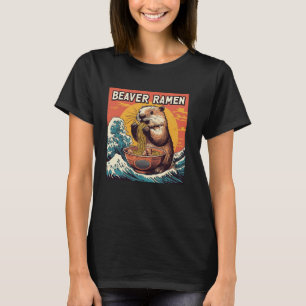 Japanese Noodles Wave Sunset Art Wildlife Beaver R T-Shirt