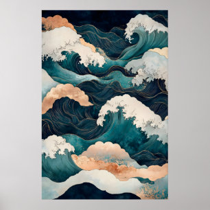Japanese Ocean Wave Print Ukiyo-e Style Japandi