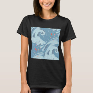 Japanese Ocean Waves and Red Fish Pattern T-Shirt