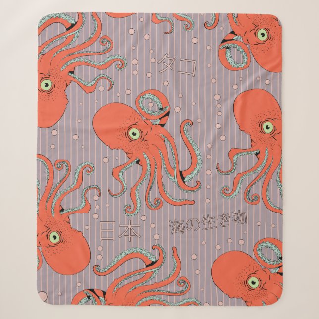 Japanese Octopus Pattern Sherpa Blanket (Front)