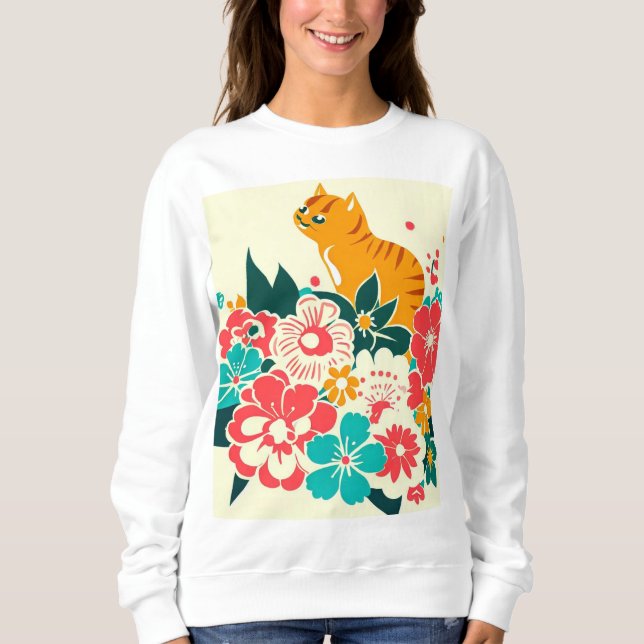 Japanese old scool cat and flowers sweatshirt (Front)