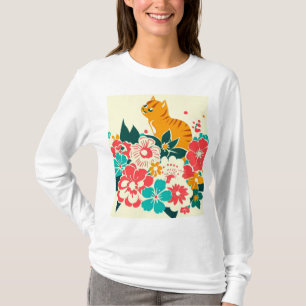 Japanese old scool cat and flowers T-Shirt