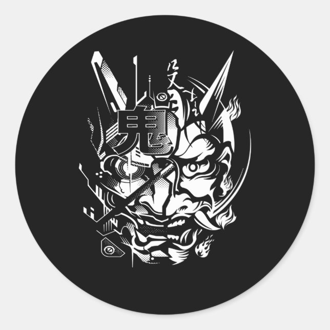 Japanese Oni Cyberpunk Samurai Fun Techwear Classic Round Sticker (Front)