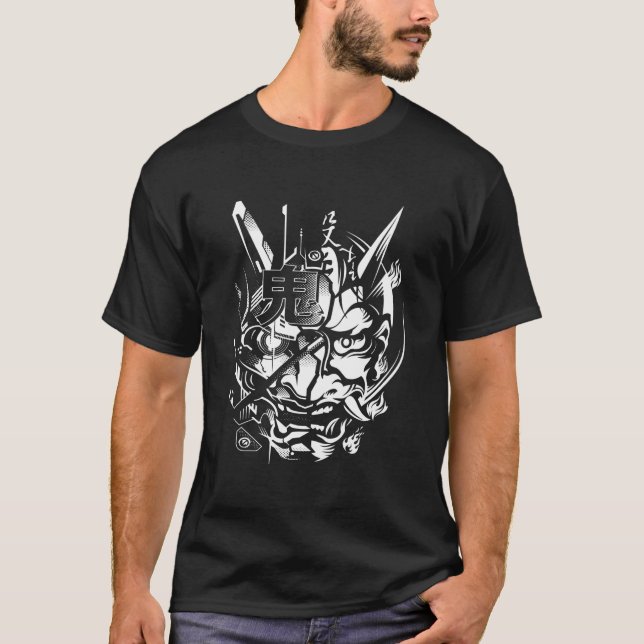 Japanese Oni Cyberpunk Samurai Fun Techwear T-Shirt (Front)