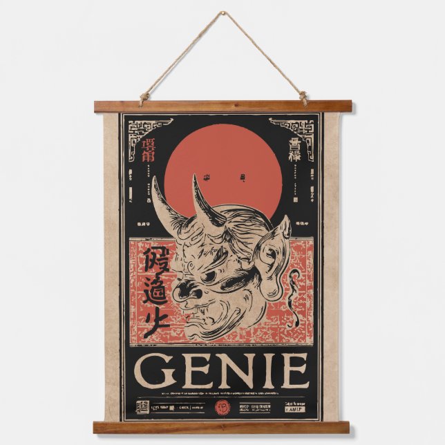 Japanese Oni Mask Art | Wabi Sabi Genie Design Hanging Tapestry (Front)