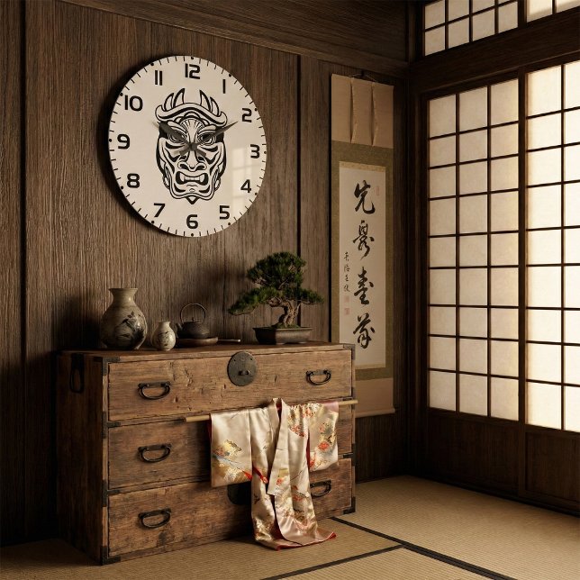 Japanese Oni Mask Tribal Demon Line Art Large Clock (Creator Uploaded)