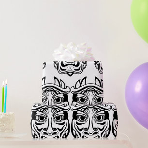 Japanese Oni Mask Tribal Demon Line Art Wrapping Paper