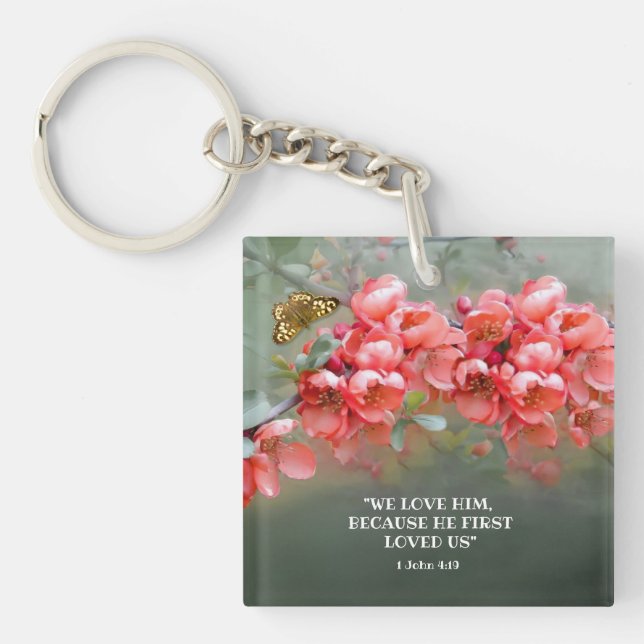 Japanese Ornamental Quince with Bible quotation  Key Ring (Front)