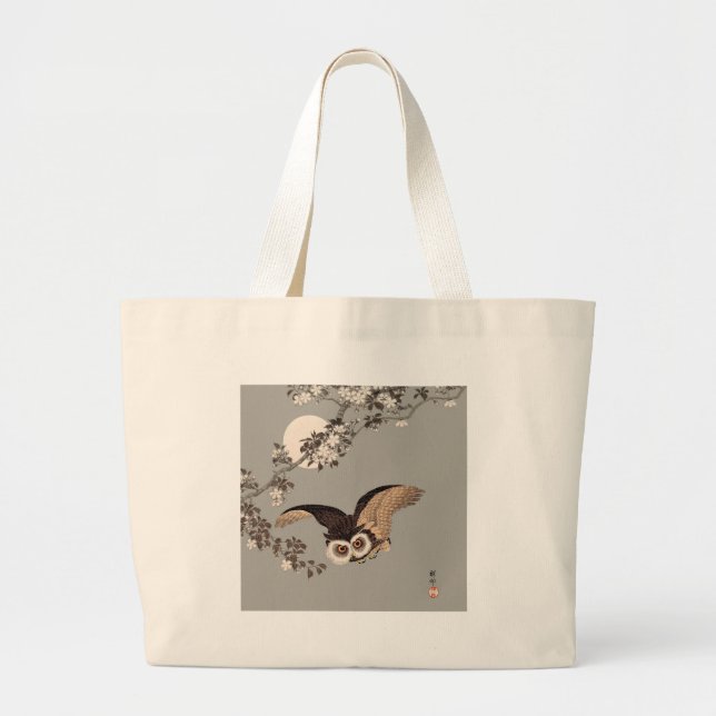 Japanese Owl Night Moon Woodcut Flying Night Large Tote Bag (Front)