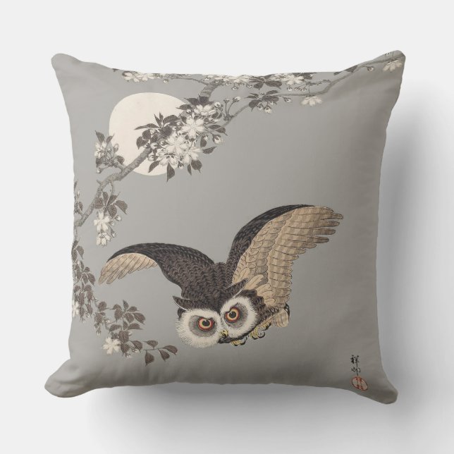Japanese Owl Night Moon Woodcut Flying Night Outdoor Cushion (Front)