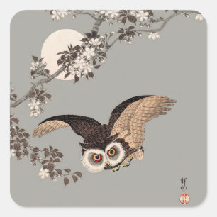 Japanese Owl Night Moon Woodcut Flying Night Square Sticker