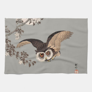 Japanese Owl Night Moon Woodcut Flying Night Tea Towel