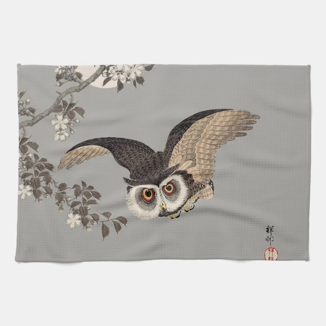 Japanese Owl Night Moon Woodcut Flying Night Tea Towel (Horizontal)