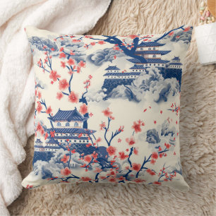 Japanese Pagoda Cherry Blossom Blue Cream Cushion