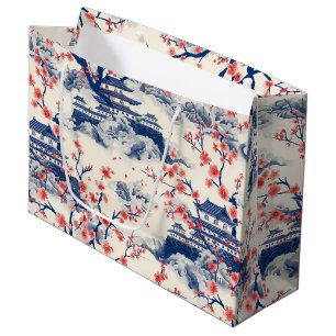 Japanese Pagoda Cherry Blossom Blue Cream Large Gift Bag